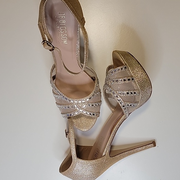 De Blossom Collection Gold High Heel Sandals with Rhinestone Straps - Picture 1 of 10